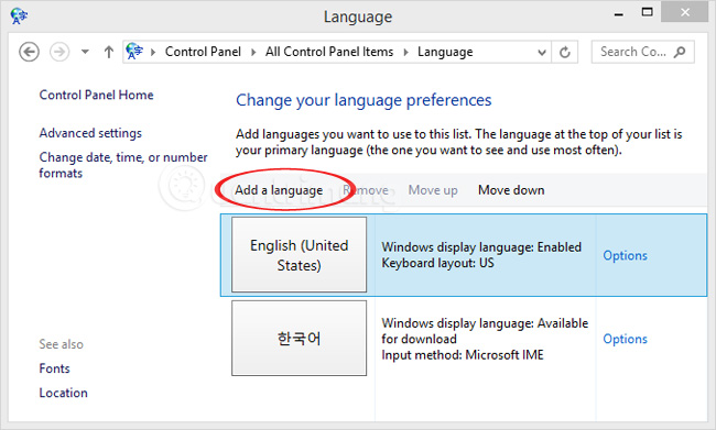 Chọn Add a language để thêm tiếng Nhật cho bàn phím