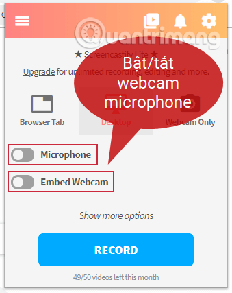 Lựa chọn bật/tắt webcam và microphone