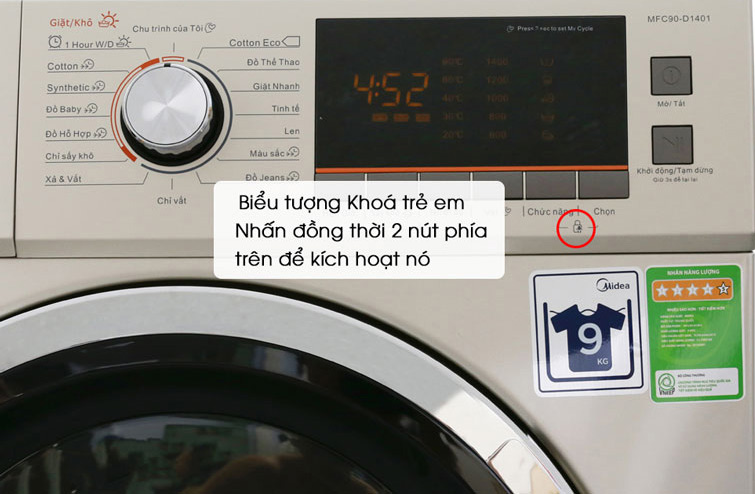 Tính năng khóa trẻ em trên máy giặt Midea