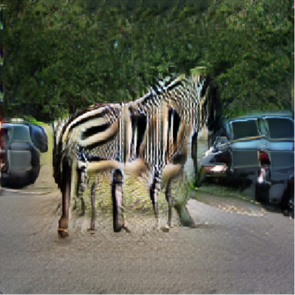Hình ảnh "một con ngựa vằn đang đi trên đường khi hai xe ô tô lao đến" do AI2 tạo ra.
