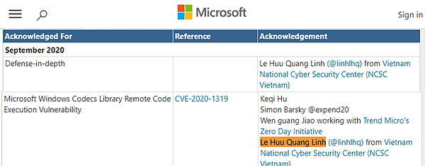 Lê Hữu Quang Linh được ghi nhận trên website của Microsoft.