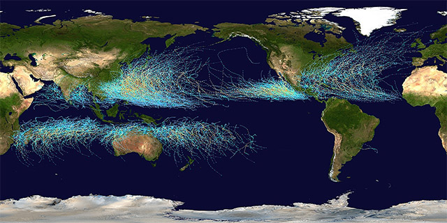 Bản đồ thể hiện quỹ đạo của tất cả các xoáy thuận nhiệt đới trên Trái Đất trong giai đoạn 1985-2005.