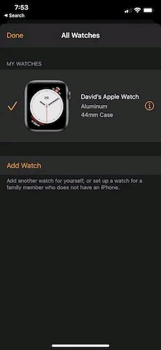 Nhấn vào nút “i” và sau đó chọn “Unpair Apple Watch”.
