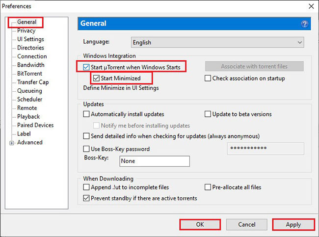 Bỏ chọn các tùy chọn “Start uTorrent when Windows starts” và “Start minimized”