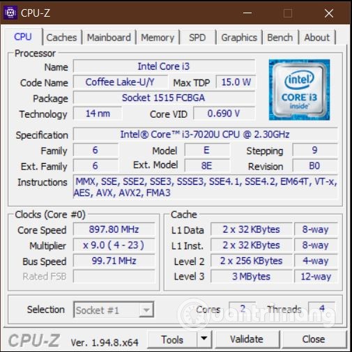 Thông số CPU hiện trên ứng dụng CPU-Z