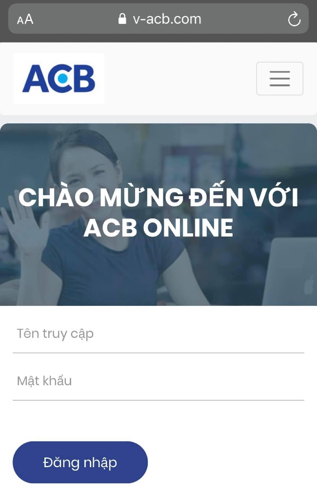 Giao diện trang web giả mạo giống hệt trang web của ngân hàng ACB