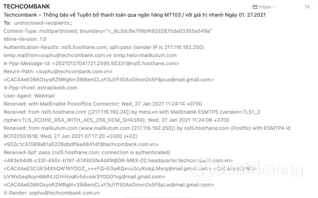 Chi tiết mail server và địa chỉ mail thật của email lừa đảo