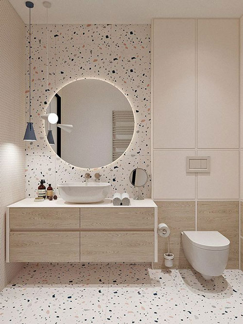 Gạch phòng tắm mẫu gạch bê tông đá mài giúp chống trơn trượt, tăng tính thẩm mỹ.