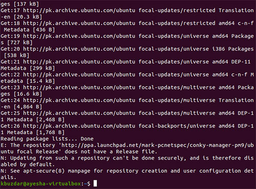 Hệ thống Ubuntu 20.04 đã được cập nhật thành công