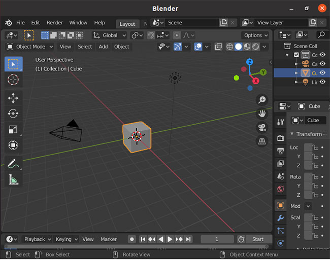 Blender 3D được khởi chạy thành công trên hệ thống Ubuntu 20.04